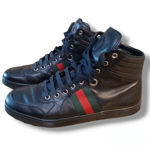 GUCCI Mens Black Fashion Shoes Leather Sneakers Sz. G 8 - Picture 1 of 15